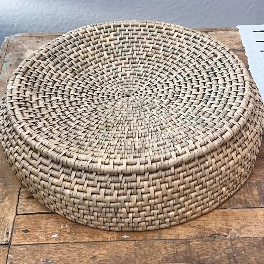Coiled Pine Needle Round Lidded Basket 15.5